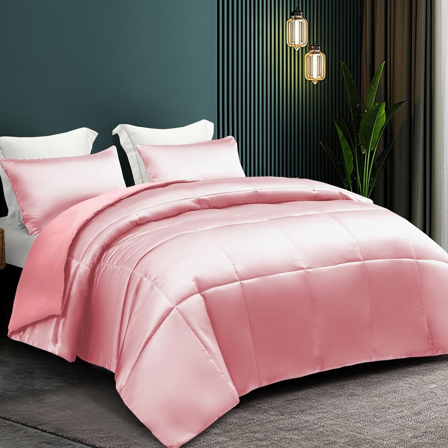 Whale Flotilla 3-Piece Reversible King Size Comforter Set/ Bedding Set, Soft Satin Comforter with 2 Satin Pillowcases, Lightweight Duvet Set for All Seasons, 90"X102", Pink