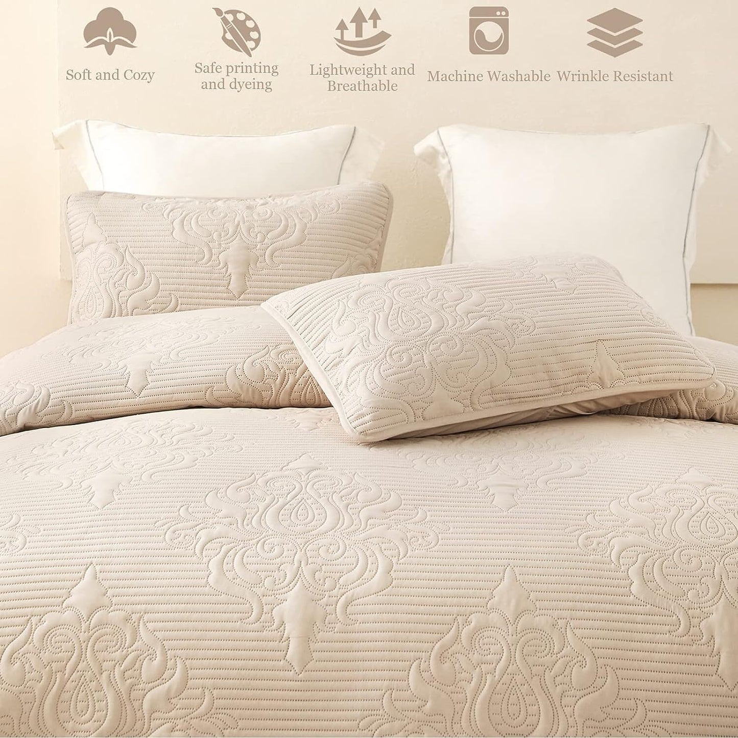 Whale Flotilla 3-Piece California King Size Quilt Set, Soft Ultrasonic Embossed Bedding Set, Lightweight Bedspread Coverlet with Boho Damask Pattern, Reversible Bed Cover for All Seasons, Brich Beige